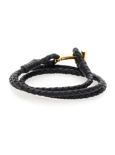 Tom Ford Black Bracelet With T Detail In Braided Leather Man In Black