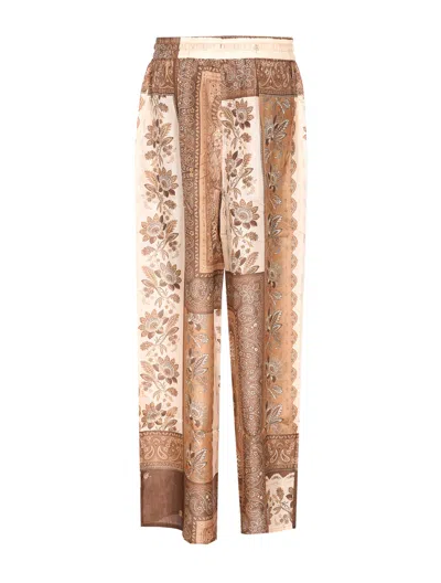 Zimmermann Lucky Brown Pants With Elastic Drawstring Waist And All-over Floral Print In Silk Woman