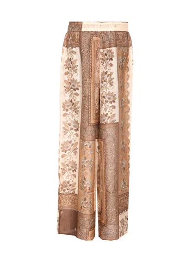 Zimmermann Lucky Brown Pants With Elastic Drawstring Waist And All-over Floral Print In Silk Woman