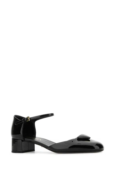 Prada Leather Block Heel Pumps With Patent Finish In Black