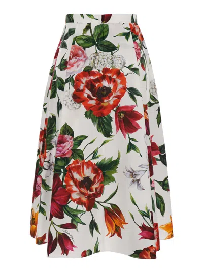 Dolce & Gabbana Multicolor Midi Skirt With All-over Floral Print And Rear Zip Closure In Cotton Woman