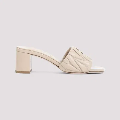 Miu Miu Beige Leather Logo Heels In Neutral