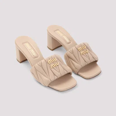 Miu Miu Beige Leather Logo Heels In Neutral