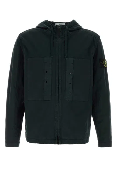 Stone Island Short Parka With Elastic Hem And Hood In Blue