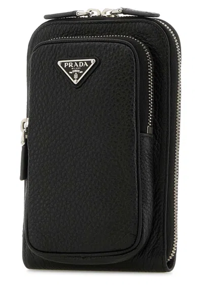 Prada Black Leather Phone Case In Black