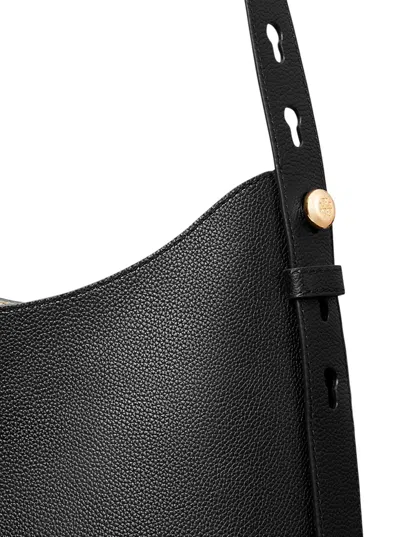 Tory Burch 'rony' Black Shoulder Bag With Thin Strap And Logo Button In Leather Woman