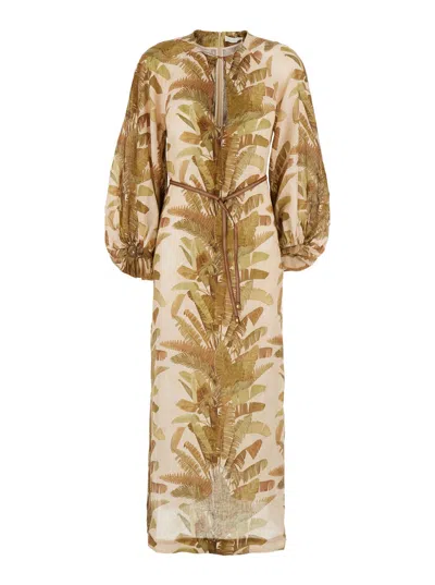 Zimmermann Ascension Brown Dress With Puffed Sleeves And All-over Palm Print In Linen Woman In Multi