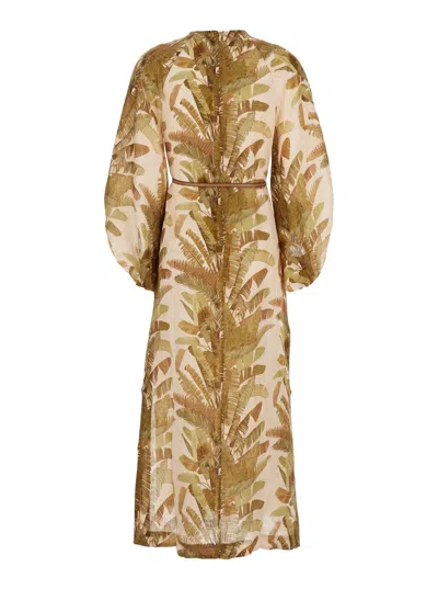 Zimmermann Ascension Brown Dress With Puffed Sleeves And All-over Palm Print In Linen Woman In Multi