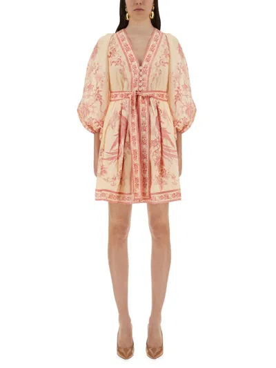 Zimmermann Lucky Pink Mini Dress With V Neck And All-over Floral Print In Linen Woman In Pink