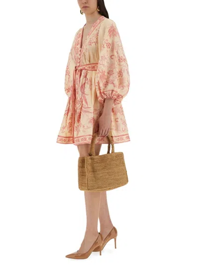 Zimmermann Lucky Pink Mini Dress With V Neck And All-over Floral Print In Linen Woman In Pink