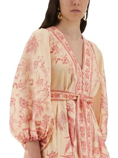 Zimmermann Lucky Pink Mini Dress With V Neck And All-over Floral Print In Linen Woman In Pink