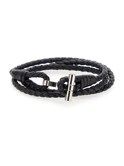 Tom Ford Black Bracelet With T Detail In Braided Leather Man