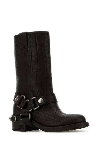 Miu Miu Leather Block Heel Ankle Boots In Black