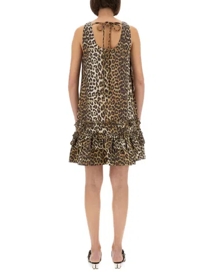 Ganni Brown Leopard Cotton Poplin Mini Dress In Brown