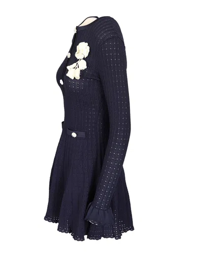 Self-portrait Perforated Knit Short Dress With Removable Lace Brooch