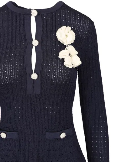 Self-portrait Perforated Knit Short Dress With Removable Lace Brooch