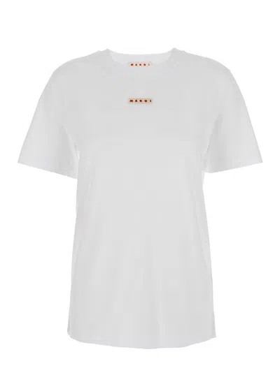 Marni White Crewneck T-shirt With Logo Patch On The Front In Cotton Woman