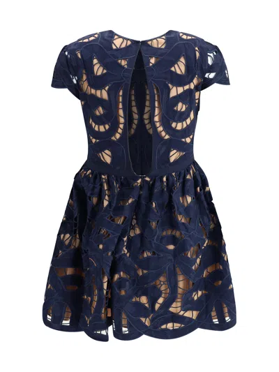 Self-portrait Blue Cotton Poplin Mini Dress With Bow Motif In Blue
