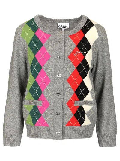 Ganni Womens Paloma Melange Rhombus-print Round-neck Wool And Cashmere Cardigan In Gray