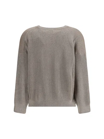 Brunello Cucinelli Ribbed Crew Neck Knitwear With Lurex Shine In Brown