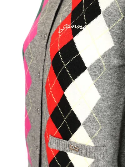 Ganni Womens Paloma Melange Rhombus-print Round-neck Wool And Cashmere Cardigan In Gray