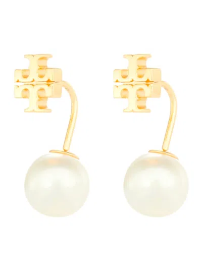 Tory Burch Metallic Earings With Double T Motif And Pearls In Brass Woman In Gold