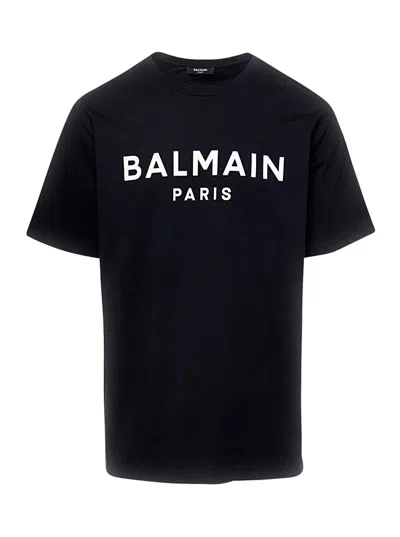 Balmain Black Crewneck T-shirt With Logo Lettering On The Front In Cotton Man