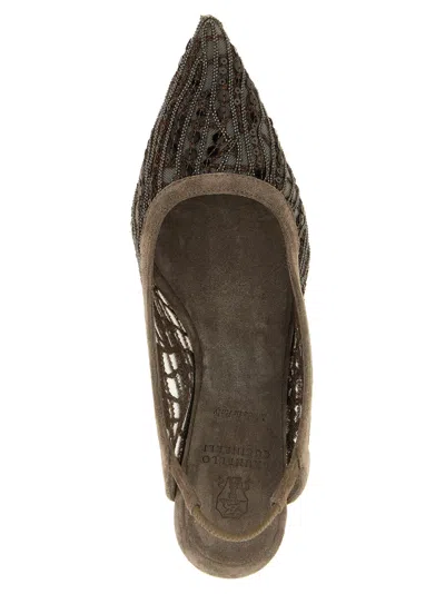 Brunello Cucinelli Brown Mesh Embroidered Slingback<br/>