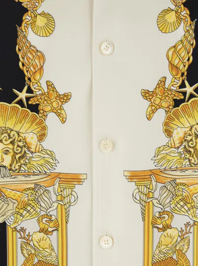 Versace Coral Teater White Bowling Shirt With Cuban Collar And All-over Print In Silk Man In Black
