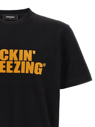 Dsquared2 Black Crewneck T-shirt With Print On The Front And Logo Lettering On The Rear In Cotton Man