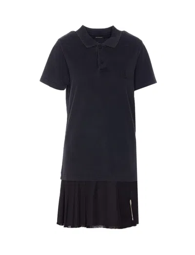Balenciaga Black Layered Dress With Polo Shirt Style Collar And Safety Pin Detail In Cotton Woman