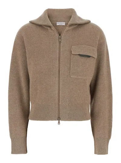 Brunello Cucinelli Beige Cardigan With Spread Collar And Monil Detail On The Front In Cashmere Woman