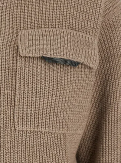Brunello Cucinelli Beige Cardigan With Spread Collar And Monil Detail On The Front In Cashmere Woman