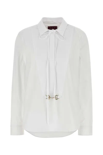 Gucci White Shirt With Pointed Collar With Tie Detail And Horsebit In Cotton Woman