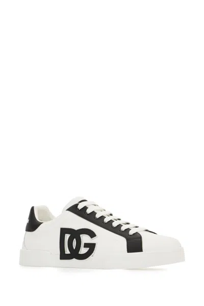 Dolce & Gabbana Portofino Light Strobel Sneakers In Canvas And Calfskin In White