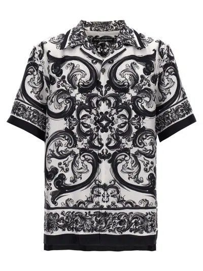 Dolce & Gabbana Maiolica Black And White Bowling Shirt With Cuban Collar And All-over Print In Silk Man In Black