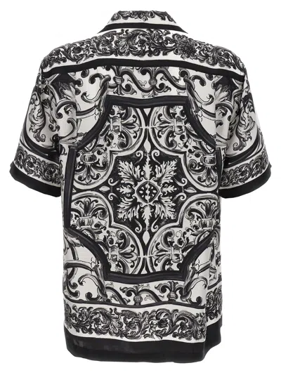Dolce & Gabbana Maiolica Black And White Bowling Shirt With Cuban Collar And All-over Print In Silk Man In Black