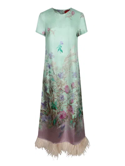 La Doublej Swing Green Midi Dress With Feathered Hem And All-over Floral Print In Silk Woman In Green