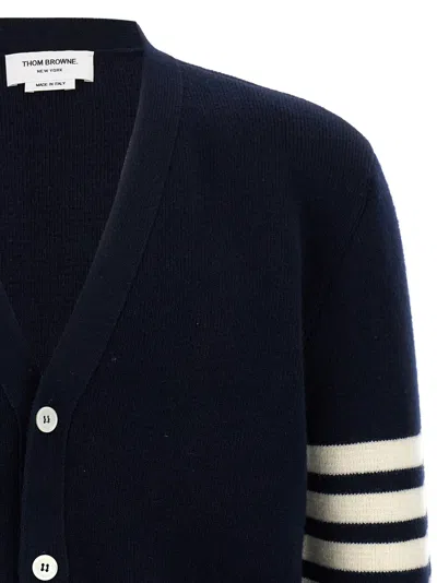 Thom Browne Blue Cardigan With V Neck And Maxi Logo On The Sleeve In Blue