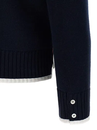 Thom Browne Blue Cardigan With V Neck And Maxi Logo On The Sleeve In Blue