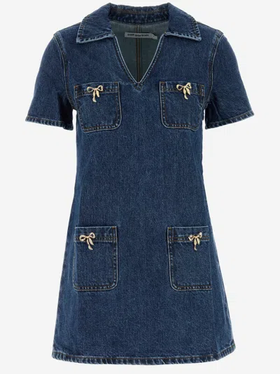 Self-portrait Crystal Bow Mini Denim Dress In Blue