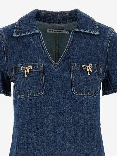 Self-portrait Crystal Bow Mini Denim Dress In Blue