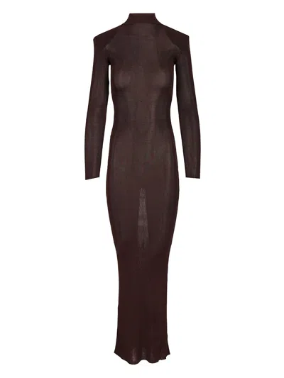 Self-portrait Long Viscose Knit Dress In Brown