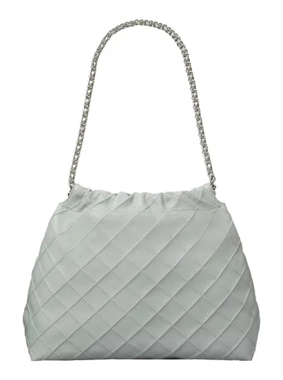 Tory Burch 'fleming' Grey Diamond Quilted Shoulder Bag With Chain-link Handles