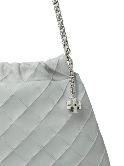 Tory Burch 'fleming' Grey Diamond Quilted Shoulder Bag With Chain-link Handles