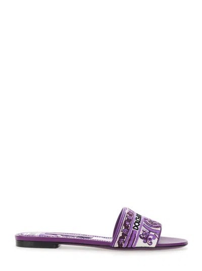 Dolce & Gabbana Violet Sandals With Logo Embroidery On The Front And All-over Majolica Motif In Cotton Blend Woman