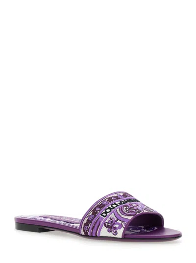 Dolce & Gabbana Violet Sandals With Logo Embroidery On The Front And All-over Majolica Motif In Cotton Blend Woman