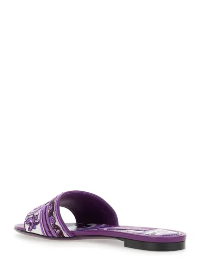 Dolce & Gabbana Violet Sandals With Logo Embroidery On The Front And All-over Majolica Motif In Cotton Blend Woman