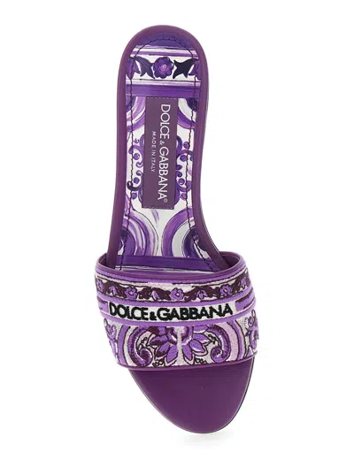 Dolce & Gabbana Violet Sandals With Logo Embroidery On The Front And All-over Majolica Motif In Cotton Blend Woman