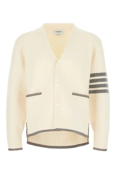 Thom Browne Wool Cardigan With Striped Sleeve Detail In Neutral